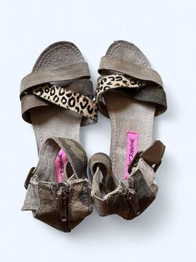 Betsey Johnson Taupe Sandals with Leopard Accent Straps